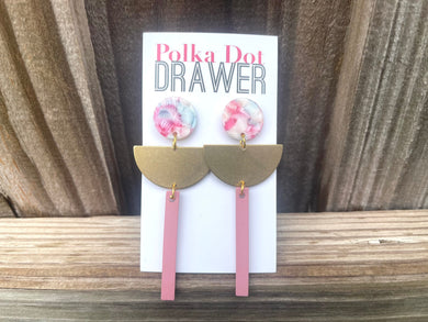 Tie Dye Brass Wood statement earrings, Geometric bead Statement acetate pink jewelry gold necklace chunky drop hook earrings