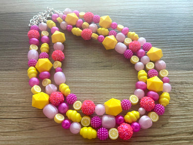 Raspberry Lemonade Chunky Statement Necklace + earrings, yellow pink beaded necklace, colorful jewelry multi strand necklace, bib