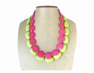 Chunky Statement Apple Green Necklace, multi strand colorful jewelry, big beaded chunky statement necklace, pink necklace, pink and green