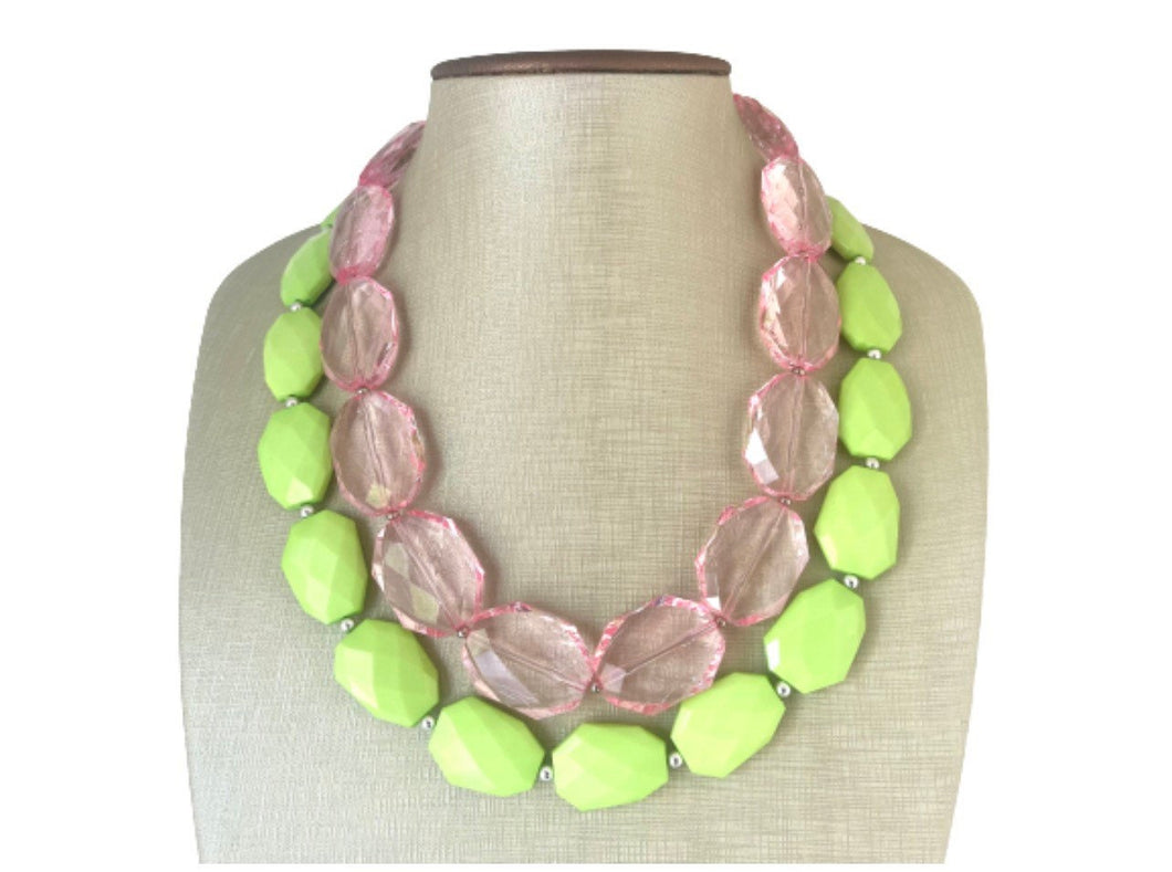 Blush Pink & Green Statement Necklace, Double Strand necklace Chunky Jewelry, pink green jewelry, beaded necklace, green necklace beaded