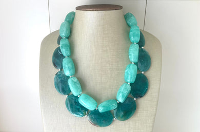 Emerald Green & Mint Chunky Statement Necklace, Big beaded jewelry, double strand Statement Necklace, chunky green bib earrings