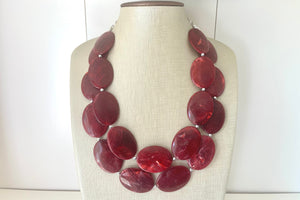 Deep Red Chunky Statement Necklace, Big beaded jewelry, double strand Statement Necklace, chunky red bib jewelry earrings