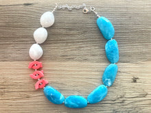 Load image into Gallery viewer, Chunky Coral White Caribbean Blue Statement Necklace &amp; earring set jewelry, peach bib necklace, geometric necklace single strand