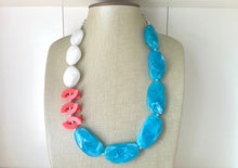 Load image into Gallery viewer, Chunky Coral White Caribbean Blue Statement Necklace &amp; earring set jewelry, peach bib necklace, geometric necklace single strand