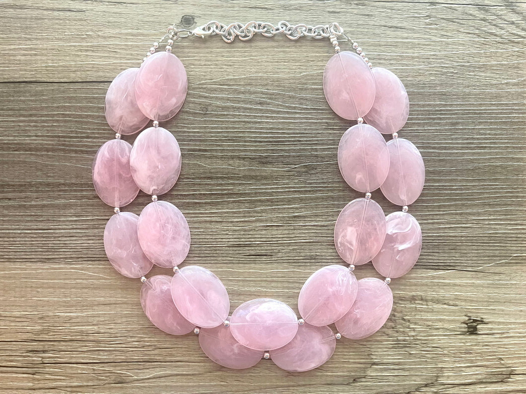 Blush Pink Chunky Statement Necklace, Big beaded jewelry, double strand Statement Necklace, chunky pink bib jewelry earrings