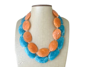 Orange & Blue Chunky Statement Necklace, Big beaded jewelry, multi strand Statement Necklace, chunky Caribbean orange jewelry earrings