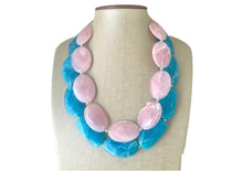 Load image into Gallery viewer, Blush Pink &amp; Caribbean Blue Chunky Statement Necklace, Big beaded jewelry, double strand Statement Necklace, chunky bib jewelry earrings