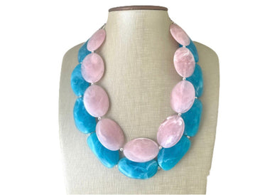 Blush Pink & Caribbean Blue Chunky Statement Necklace, Big beaded jewelry, double strand Statement Necklace, chunky bib jewelry earrings