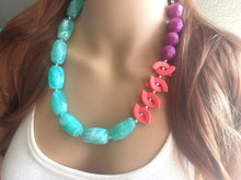 Load image into Gallery viewer, Chunky Coral Mint Green Purple Statement Necklace &amp; earring set jewelry, peach bib necklace, geometric necklace single strand