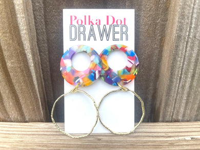 Rainbow Mosaic Wave Gold Earrings, Gold drop Earrings, colorful jewelry earrings metal geometric pink, vacation earrings statement