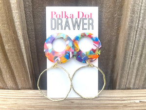 Rainbow Mosaic Wave Gold Earrings, Gold drop Earrings, colorful jewelry earrings metal geometric pink, vacation earrings statement