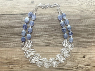 Purple Glass Swirl & White Stripe Chunky Statement Necklace, multi strand colorful jewelry, white gemstone statement necklace