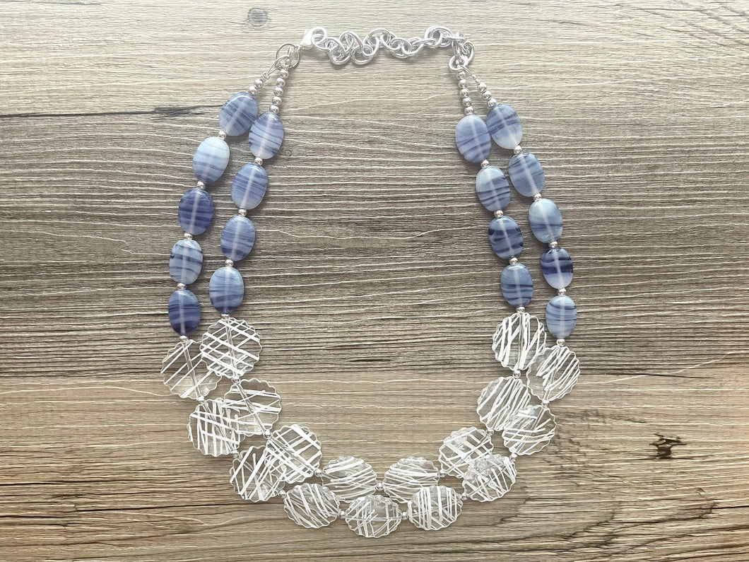 Purple Glass Swirl & White Stripe Chunky Statement Necklace, multi strand colorful jewelry, white gemstone statement necklace