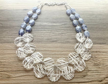 Load image into Gallery viewer, Purple Glass Swirl &amp; White Stripe Chunky Statement Necklace, multi strand colorful jewelry, white gemstone statement necklace