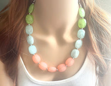 Load image into Gallery viewer, Watermelon Party Coral Lime Green Chunky Statement Necklace, Big beaded jewelry, single Strand bib chunky Necklace, green white jewelry