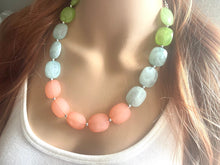 Load image into Gallery viewer, Watermelon Party Coral Lime Green Chunky Statement Necklace, Big beaded jewelry, single Strand bib chunky Necklace, green white jewelry