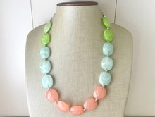 Load image into Gallery viewer, Watermelon Party Coral Lime Green Chunky Statement Necklace, Big beaded jewelry, single Strand bib chunky Necklace, green white jewelry