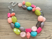 Load image into Gallery viewer, Paradise Found chunky necklace, lime green peach gray hot pink blue beaded jewelry, acrylic resin beaded beaded necklace