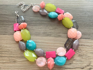 Paradise Found chunky necklace, lime green peach gray hot pink blue beaded jewelry, acrylic resin beaded beaded necklace