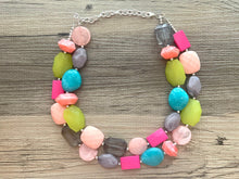 Load image into Gallery viewer, Paradise Found chunky necklace, lime green peach gray hot pink blue beaded jewelry, acrylic resin beaded beaded necklace