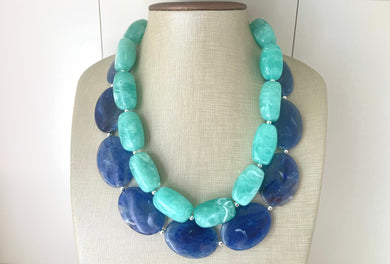 Royal Blue & Mint Chunky Statement Necklace, Big beaded jewelry, double strand Statement Necklace, chunky green dark blue bib earrings