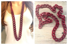 Load image into Gallery viewer, Long Acrylic necklace, deep red linking acetate necklace, chain necklace, statement necklace jewelry, maroon raspberry necklace