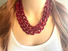 Load image into Gallery viewer, Long Acrylic necklace, deep red linking acetate necklace, chain necklace, statement necklace jewelry, maroon raspberry necklace