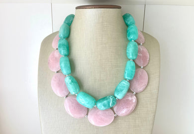 Blush Pink & Mint Chunky Statement Necklace, Big beaded jewelry, double strand Statement Necklace, chunky green bib earrings light pink