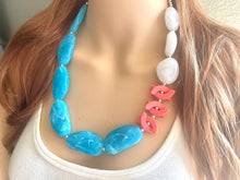 Load image into Gallery viewer, Chunky Coral White Caribbean Blue Statement Necklace &amp; earring set jewelry, peach bib necklace, geometric necklace single strand