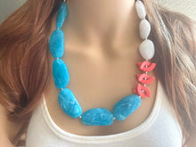 Load image into Gallery viewer, Chunky Coral White Caribbean Blue Statement Necklace &amp; earring set jewelry, peach bib necklace, geometric necklace single strand