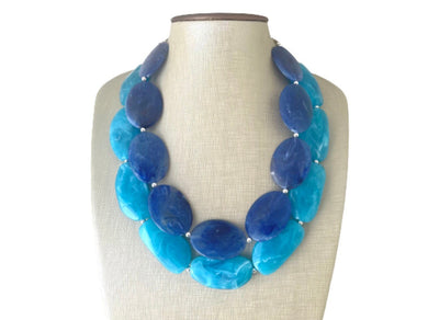 Big Bead light Blue & Royal Necklace, Double Strand Statement Jewelry, pool carribbean Chunky bib bridesmaid or everyday bubble jewelry