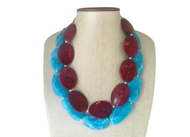 Big Bead light Blue & Red Necklace, Double Strand Statement Jewelry, pool carribbean Chunky bib bridesmaid or everyday bubble jewelry