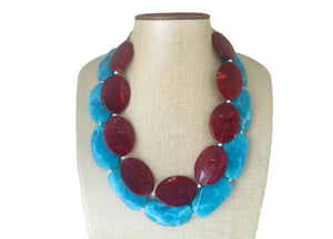 Big Bead light Blue & Red Necklace, Double Strand Statement Jewelry, pool carribbean Chunky bib bridesmaid or everyday bubble jewelry