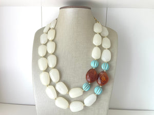 Statement Gold Rust Blue Double Strand statement necklace, pretty big beaded chunky jewelry, golden metallic jewelry necklace