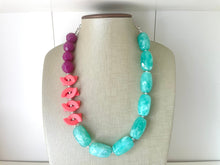 Load image into Gallery viewer, Chunky Coral Mint Green Purple Statement Necklace &amp; earring set jewelry, peach bib necklace, geometric necklace single strand