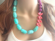 Load image into Gallery viewer, Chunky Coral Mint Green Purple Statement Necklace &amp; earring set jewelry, peach bib necklace, geometric necklace single strand