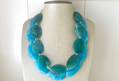 Emerald Green & Caribbean Blue Chunky Statement Necklace, Big beaded jewelry, double strand Statement Necklace, chunky green bib earrings