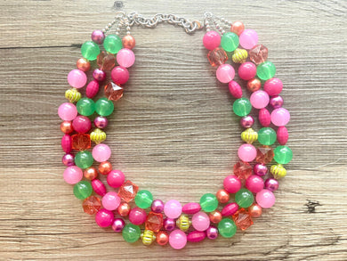 Pink & Green Chunky Statement Necklace, green pink beaded necklace, bubble jewelry coral jewelry multi strand necklace, bib chunky