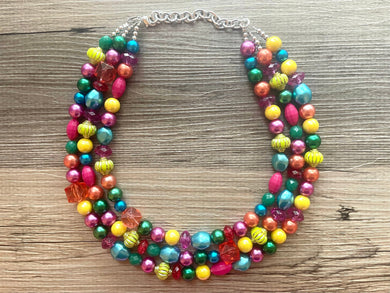 Rainbow Circus Necklace, multi strand jewelry, big beaded chunky statement necklace, pink blue green red bridesmaid necklace, bib necklace