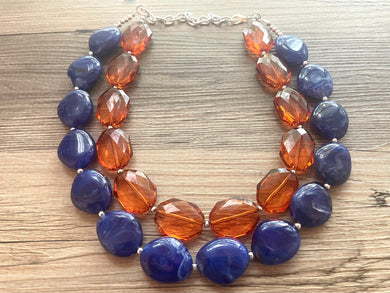 Brown & Royal Blue Statement Necklace, Chunky Beaded Necklace, Chocolate Jewelry, dark blue Necklace, blue brown beaded necklace