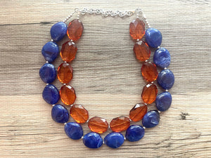 Brown & Royal Blue Statement Necklace, Chunky Beaded Necklace, Chocolate Jewelry, dark blue Necklace, blue brown beaded necklace