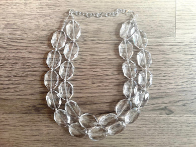 Chunky Clear Crystal Statement Necklace, Faceted Everyday neutral jewelry, statement necklace, silver or gold accents chunky bib necklace