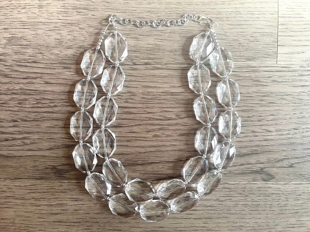 Chunky Clear Crystal Statement Necklace, Faceted Everyday neutral jewelry, statement necklace, silver or gold accents chunky bib necklace