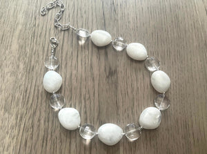 White & Clear silver necklace, statement necklace, white jewelry, big beaded single strand chunky necklace, white chunky statement jewelry