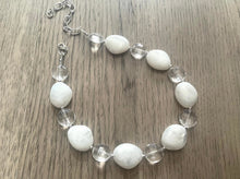 Load image into Gallery viewer, White &amp; Clear silver necklace, statement necklace, white jewelry, big beaded single strand chunky necklace, white chunky statement jewelry