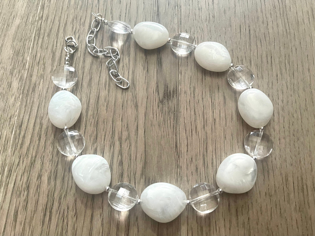 White & Clear silver necklace, statement necklace, white jewelry, big beaded single strand chunky necklace, white chunky statement jewelry