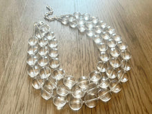Load image into Gallery viewer, Chunky Clear Crystal Statement Necklace, Faceted Everyday neutral jewelry, statement necklace, triple silver accents chunky bib necklace