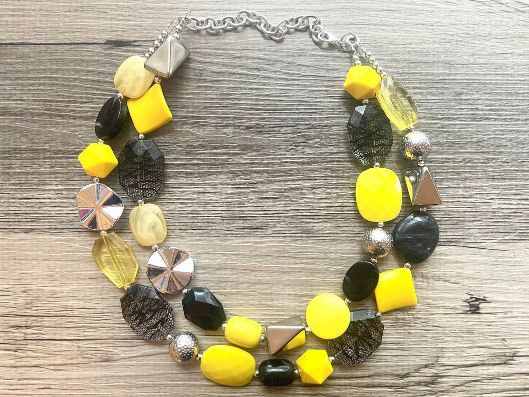 Metallic Sunflower Yellow Statement Necklace, chunky bib beaded jewelry, Summer jewelry, black necklace, beaded acrylic jewelry bumblebee
