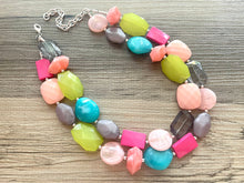 Load image into Gallery viewer, Paradise Found chunky necklace, lime green peach gray hot pink blue beaded jewelry, acrylic resin beaded beaded necklace