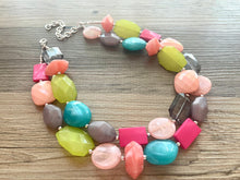 Load image into Gallery viewer, Paradise Found chunky necklace, lime green peach gray hot pink blue beaded jewelry, acrylic resin beaded beaded necklace